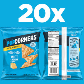 PopCorners White Cheddar snack packs 20-count stacked, ideal for lunchboxes and quick cravings.