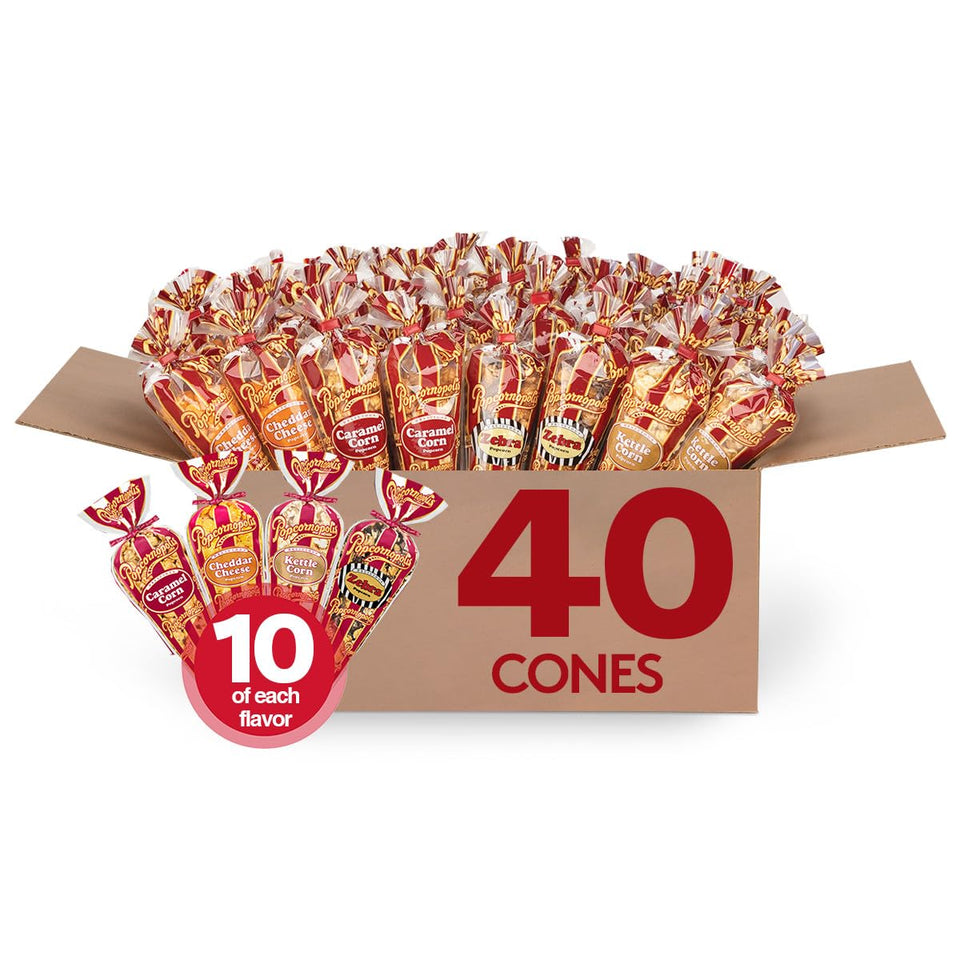 Popcornopolis 40-pack variety cones, ideal for sharing and gifting