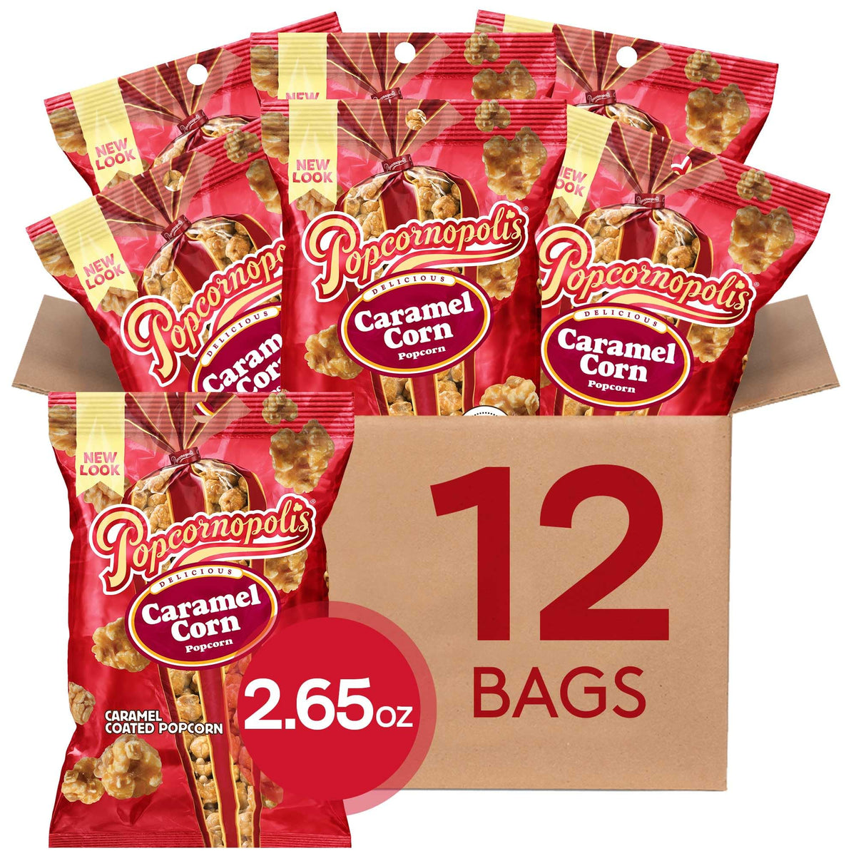 Popcornopolis caramel corn 12-pack bags offer convenient individually wrapped snacks for on-the-go.