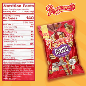 Popcornopolis Double Drizzle 6-pack back reveals labeling for easy pantry stocking.
