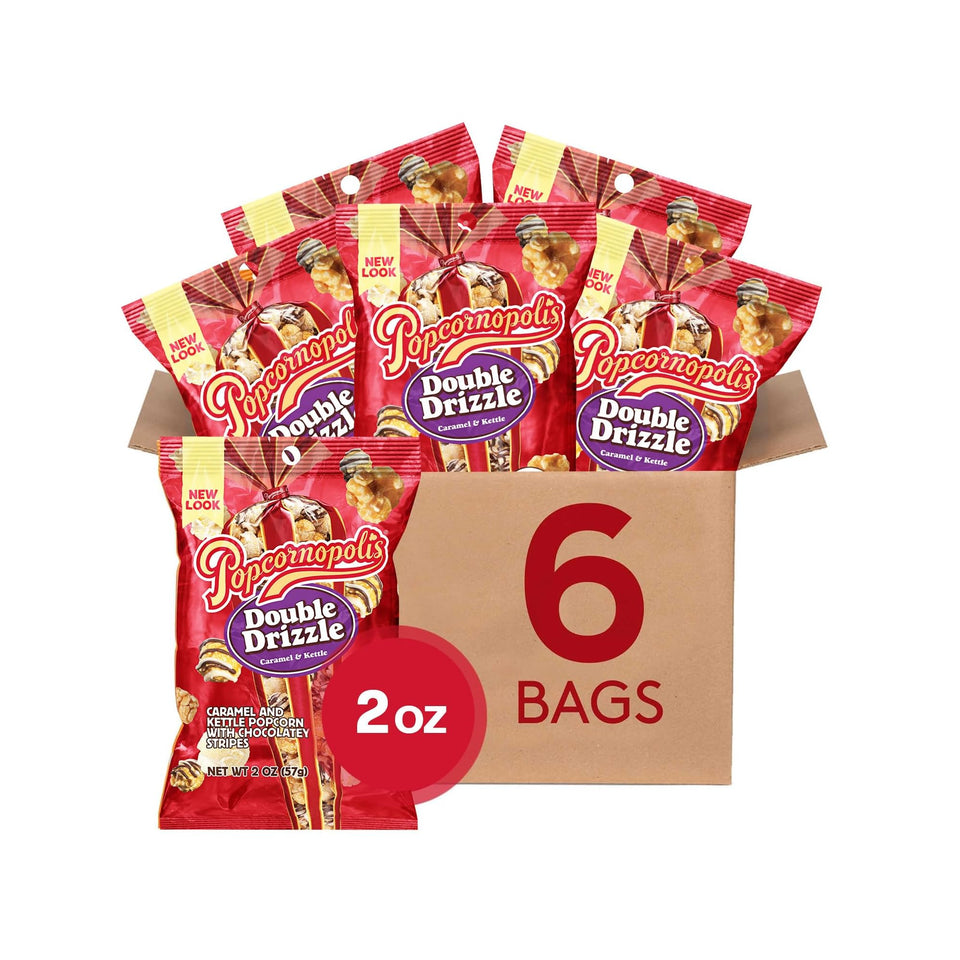 Popcornopolis Double Drizzle 6-pack front shows gift-ready packaging for sharing.