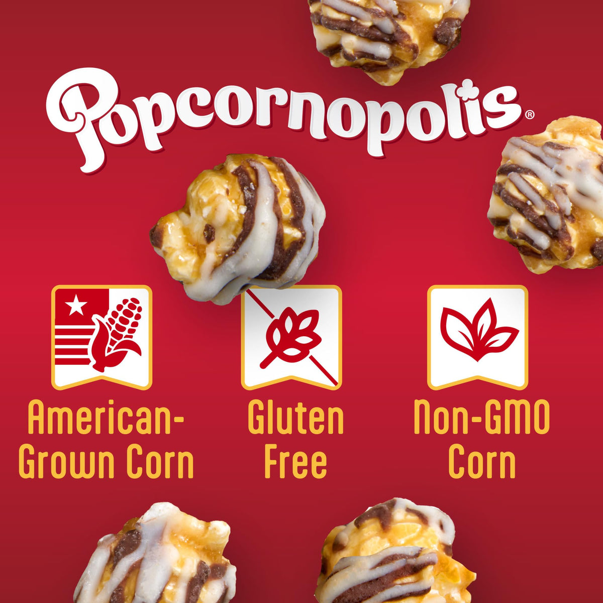 Popcornopolis Double Drizzle bag closeup highlights rich chocolate drizzle for on-the-go indulgence.