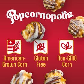 Popcornopolis Double Drizzle bag closeup highlights rich chocolate drizzle for on-the-go indulgence.