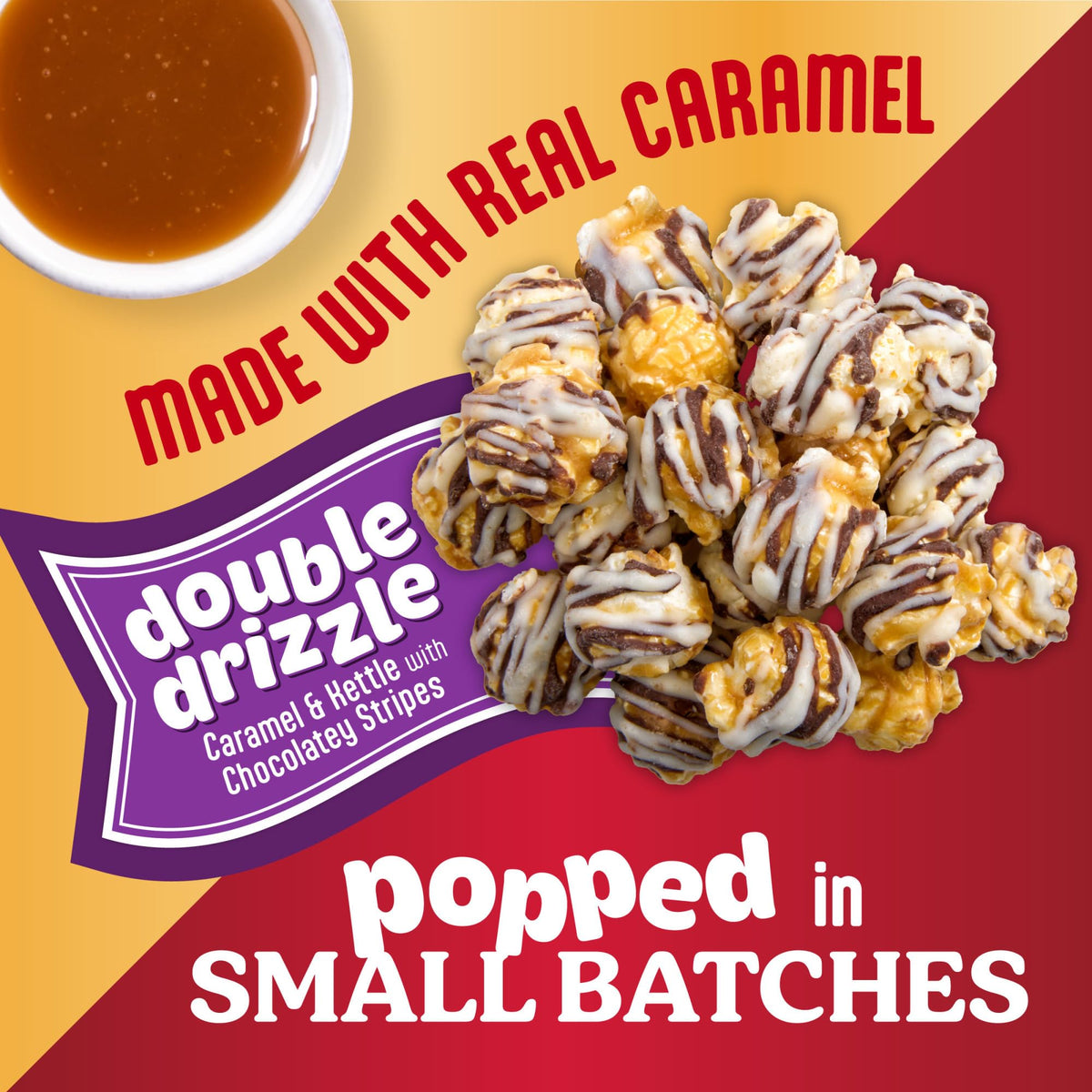 Popcornopolis Double Drizzle coating closeup showcases glossy chocolate stripes for dessert-like snacking.