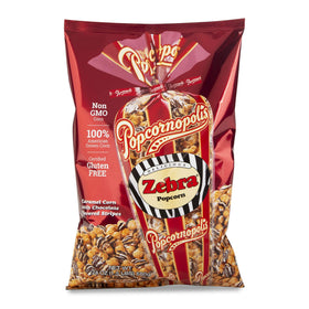 Popcornopolis Zebra 24oz bag highlights premium caramel popcorn with chocolate stripes for sharing.