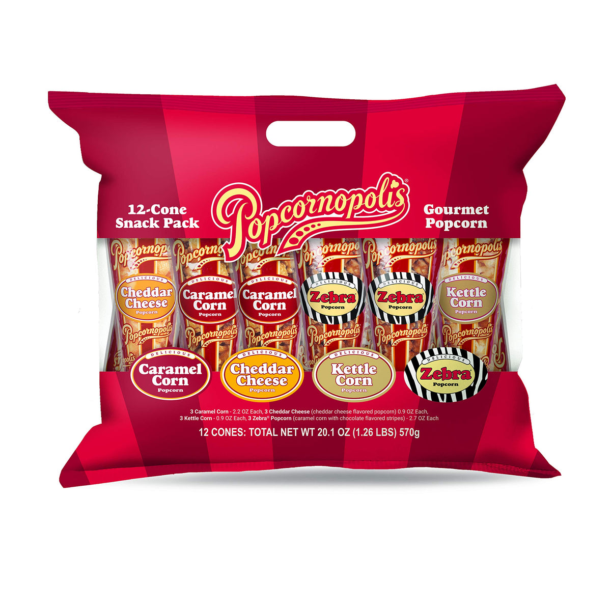 Popcornopolis Zebra Cone Pack—premium mixed flavors for gifting and sharing.