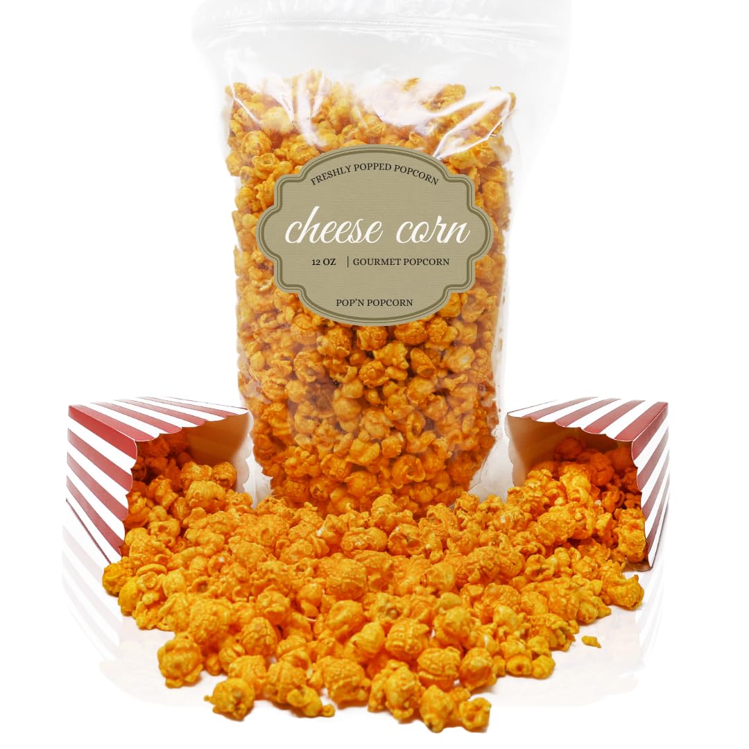 PopN Popcorn cheddar cheese bag close-up, highlighting the cheesy coating for movie nights