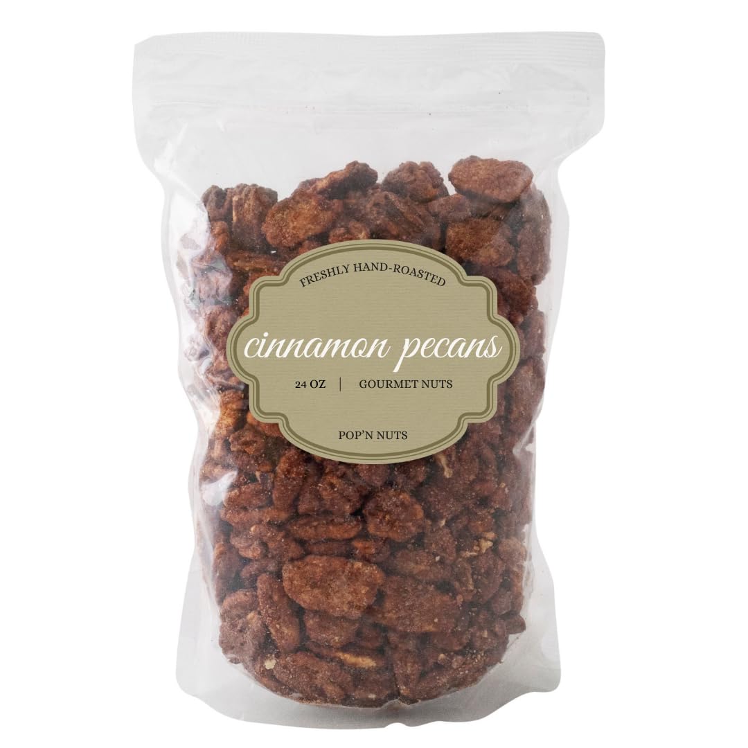 Pop'N Popcorn Cinnamon Roasted Pecans bag — crunchy, cinnamon-kissed snack ready to enjoy.