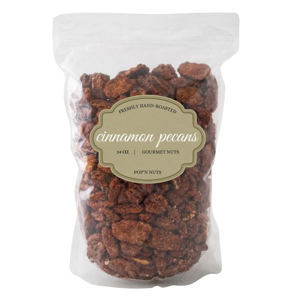 Pop'N Popcorn Cinnamon Roasted Pecans bag — crunchy, cinnamon-kissed snack ready to enjoy.