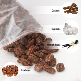 Pop'N Popcorn Cinnamon Roasted Pecans coating close-up showcases the glossy caramelized finish.