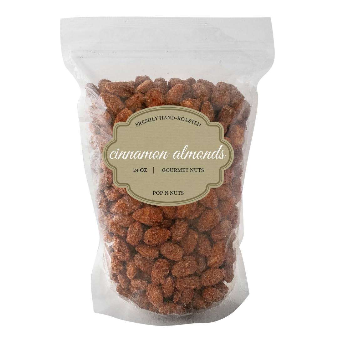 Pop'N Popcorn Cinnamon Almonds 24oz pack with glossy glaze, ready for snacking.