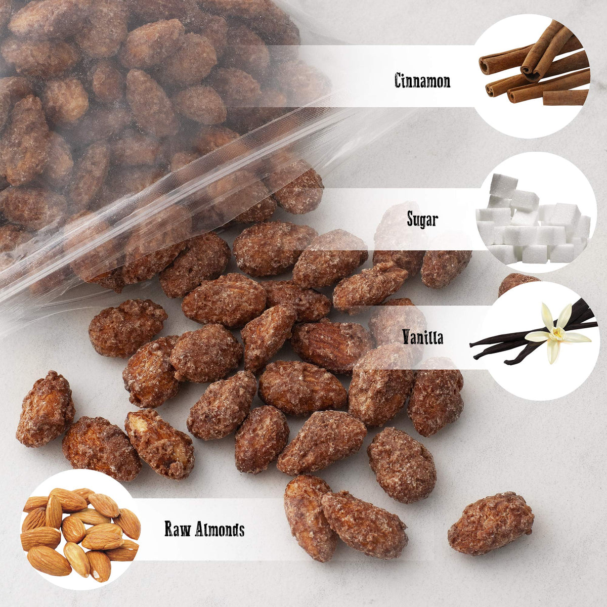Vanilla-infused coating adds subtle sweetness to Pop'N Popcorn Cinnamon Almonds.