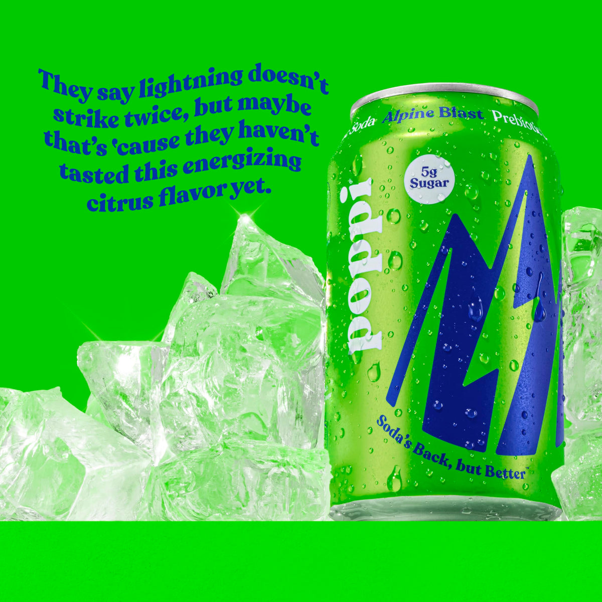 Poppi Alpine Blast bottle being poured, highlighting natural caffeine boost