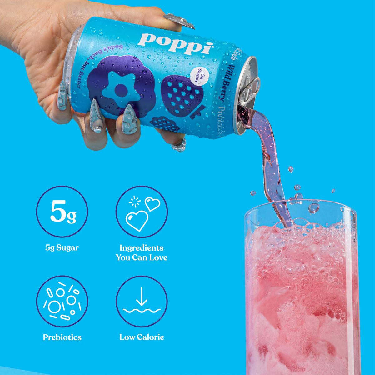 Poppi apple cider vinegar bubbles illustrate tangy, berry-forward notes.