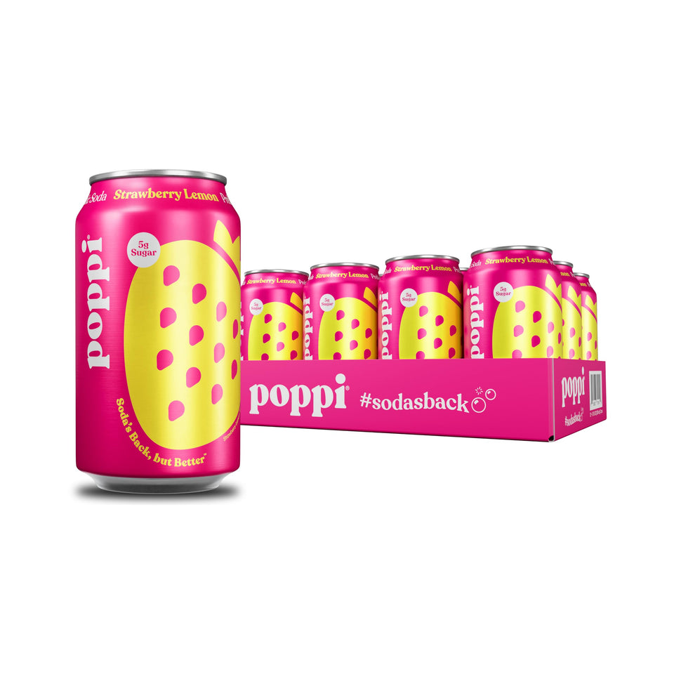 Poppi bottle strawberry lemon showcases bold flavor and prebiotic benefits.