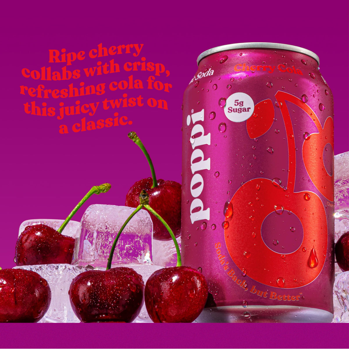 Poppi Cherry Cola glass pour highlights fizz and aroma