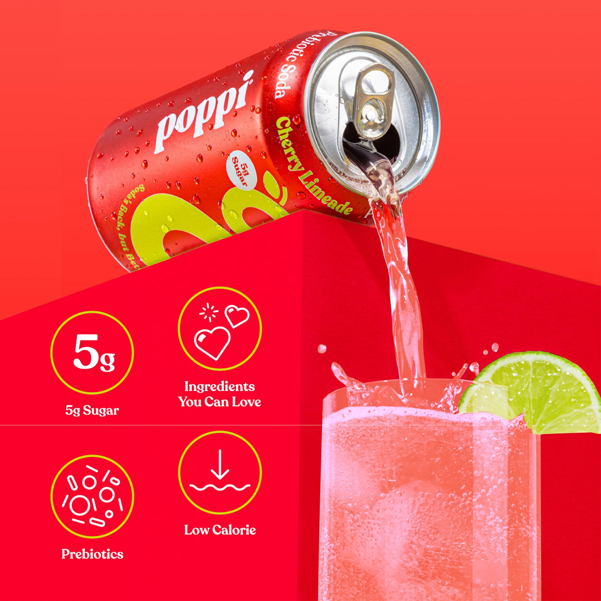 Close-up of Poppi Cherry Limeade ingredients label highlighting prebiotics.