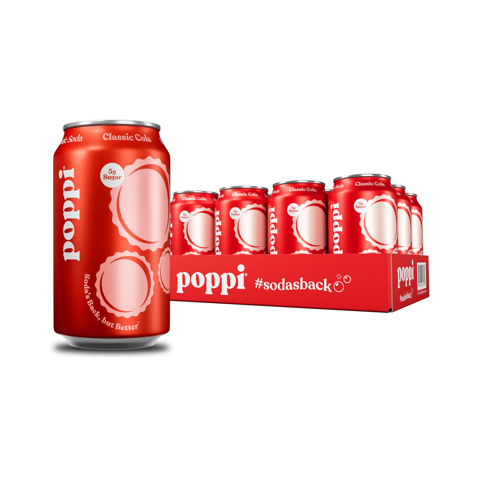 Poppi Classic Cola bottle closeup highlighting crisp bubbles and prebiotic content.