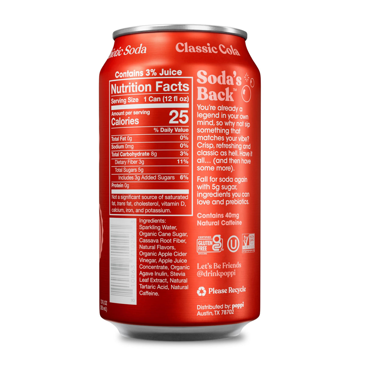 Poppi Classic Cola can being poured into a glass with lively fizz.