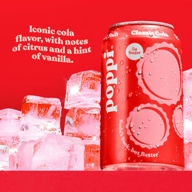 Poppi Classic Cola label emphasizes natural caffeine and agave inulin prebiotics.