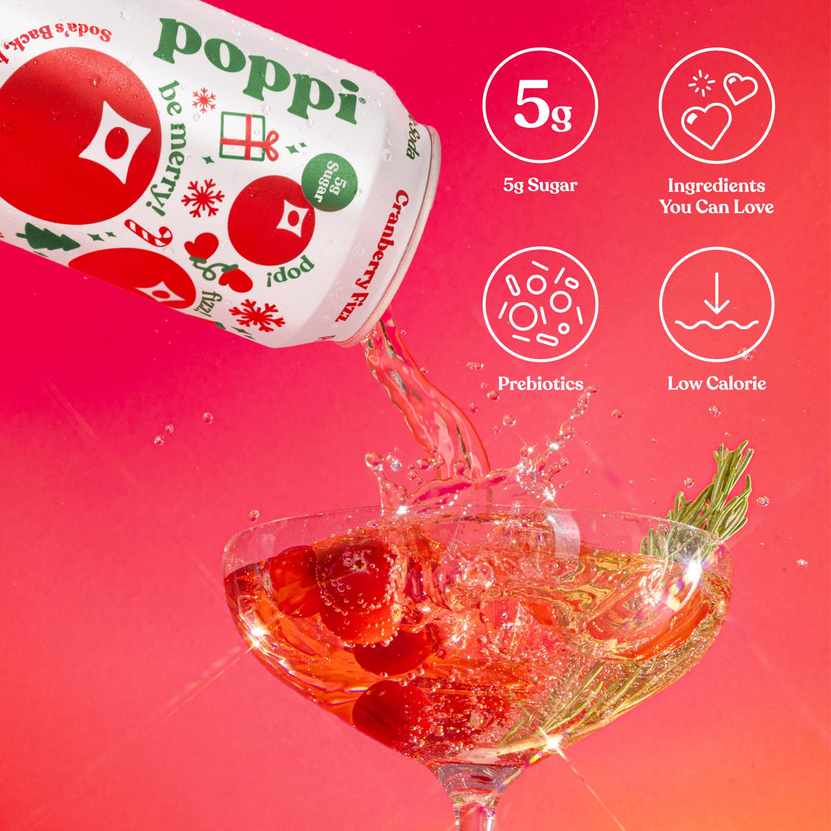 Poppi Cranberry Fizz ingredient close-up featuring real fruit juice and prebiotics