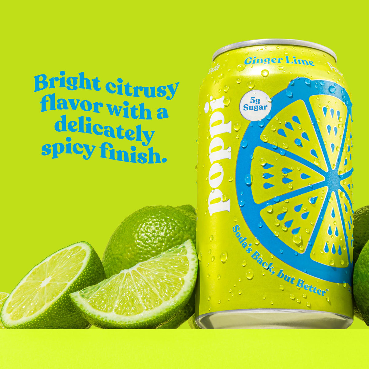Poppi Ginger Lime label close-up highlighting prebiotic ingredients for everyday nourishment