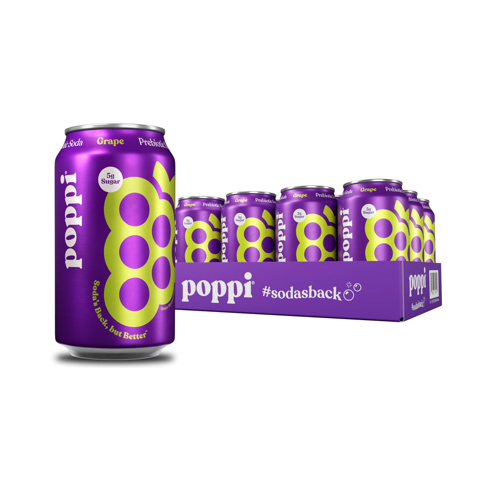 Poppi grape sparkling bottle closeup for prebiotic refreshment.