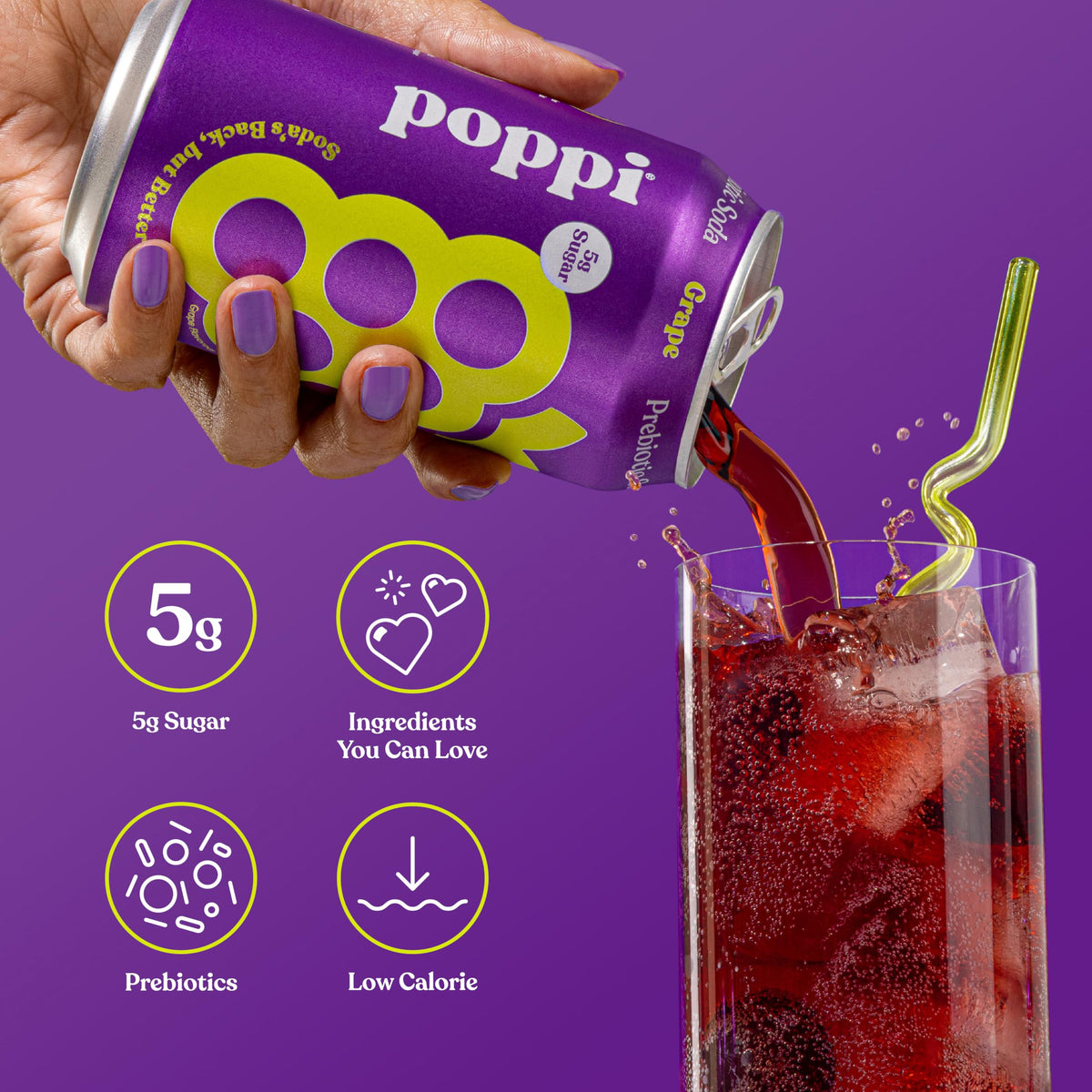 Poppi grape sparkling label closeup highlighting calories and sugar per can.