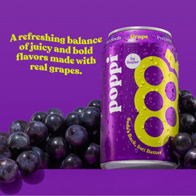 Poppi grape sparkling pour into glass showing crisp aroma and fizz.