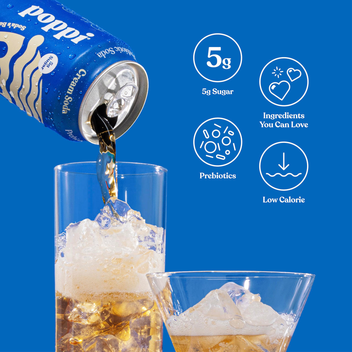 Poppi ingredients highlight agave inulin and cassava fiber on label.