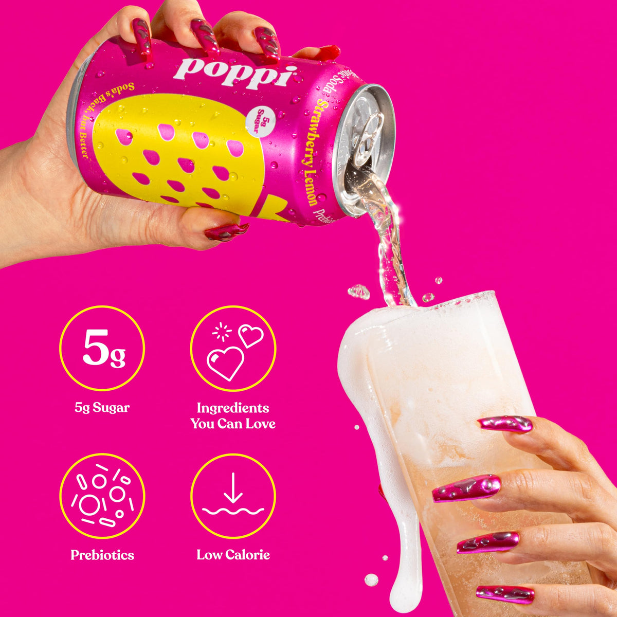 Poppi ingredients highlight agave inulin and cassava fiber for added prebiotics.