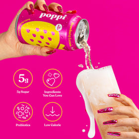 Poppi ingredients highlight agave inulin and cassava fiber for added prebiotics.
