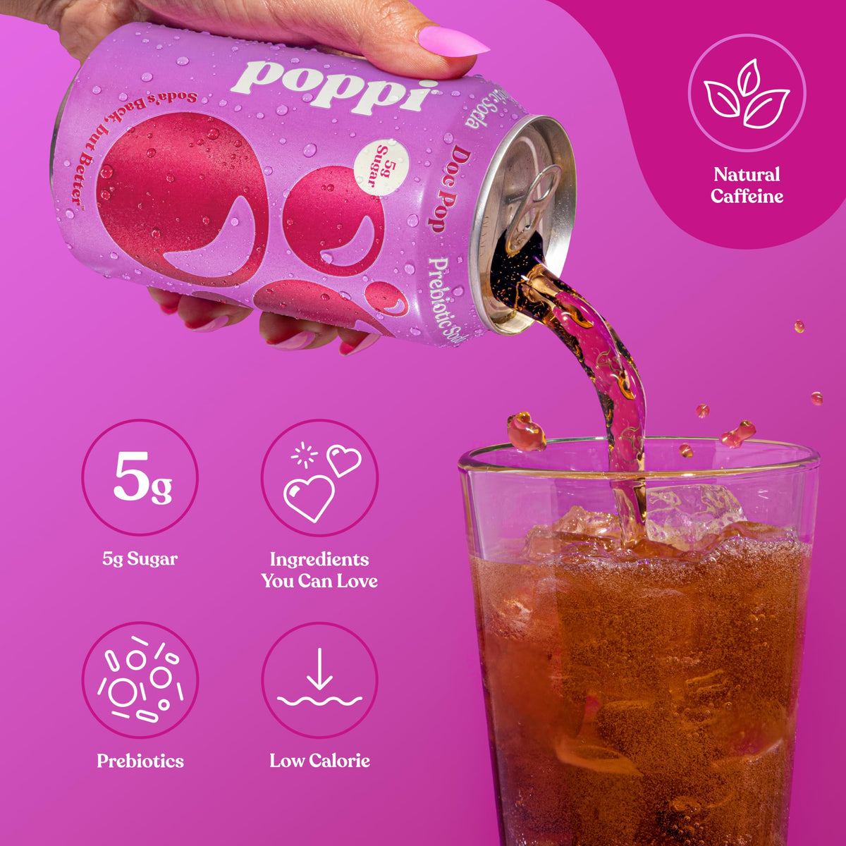 Poppi ingredients label shows agave inulin and cassava fiber for natural prebiotic content