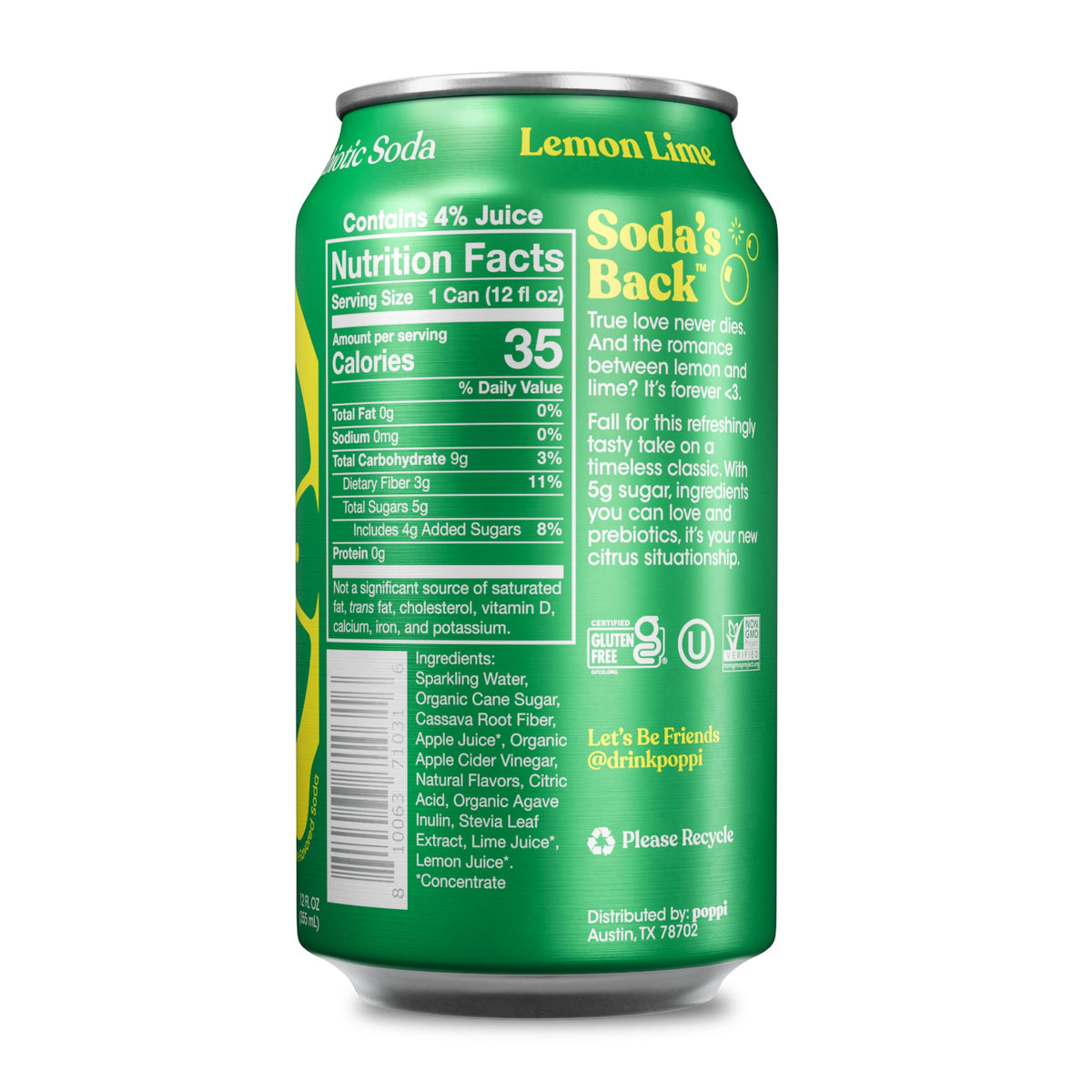 Poppi Lemon Lime prebiotic soda can ready for on-the-go refreshment