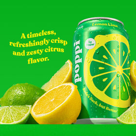 Poppi Lemon Lime prebiotic soda being poured into a glass over ice