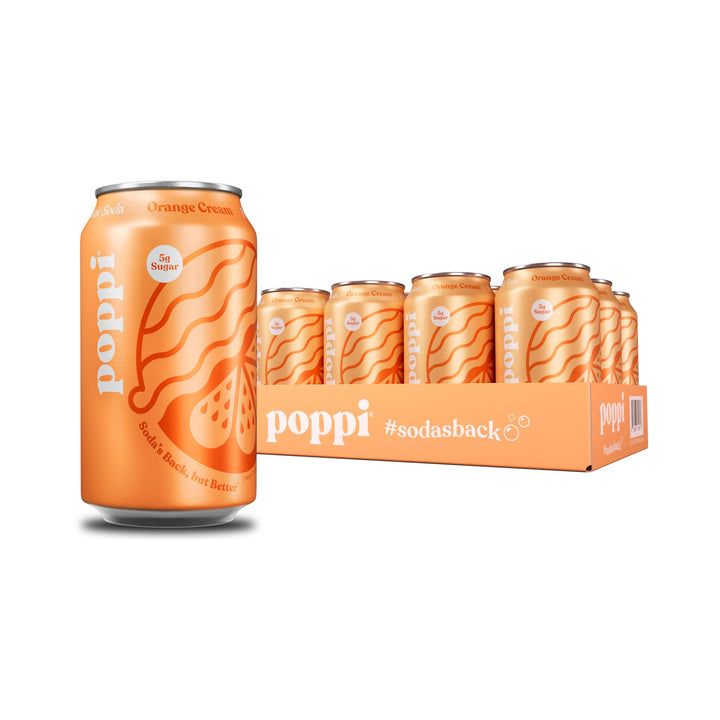 Poppi Orange Cream Soda bottle shows vibrant color and prebiotic ingredients for daily refreshment