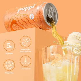 Poppi Orange Cream Soda glass with ice suggesting a crisp, ready-to-drink moment