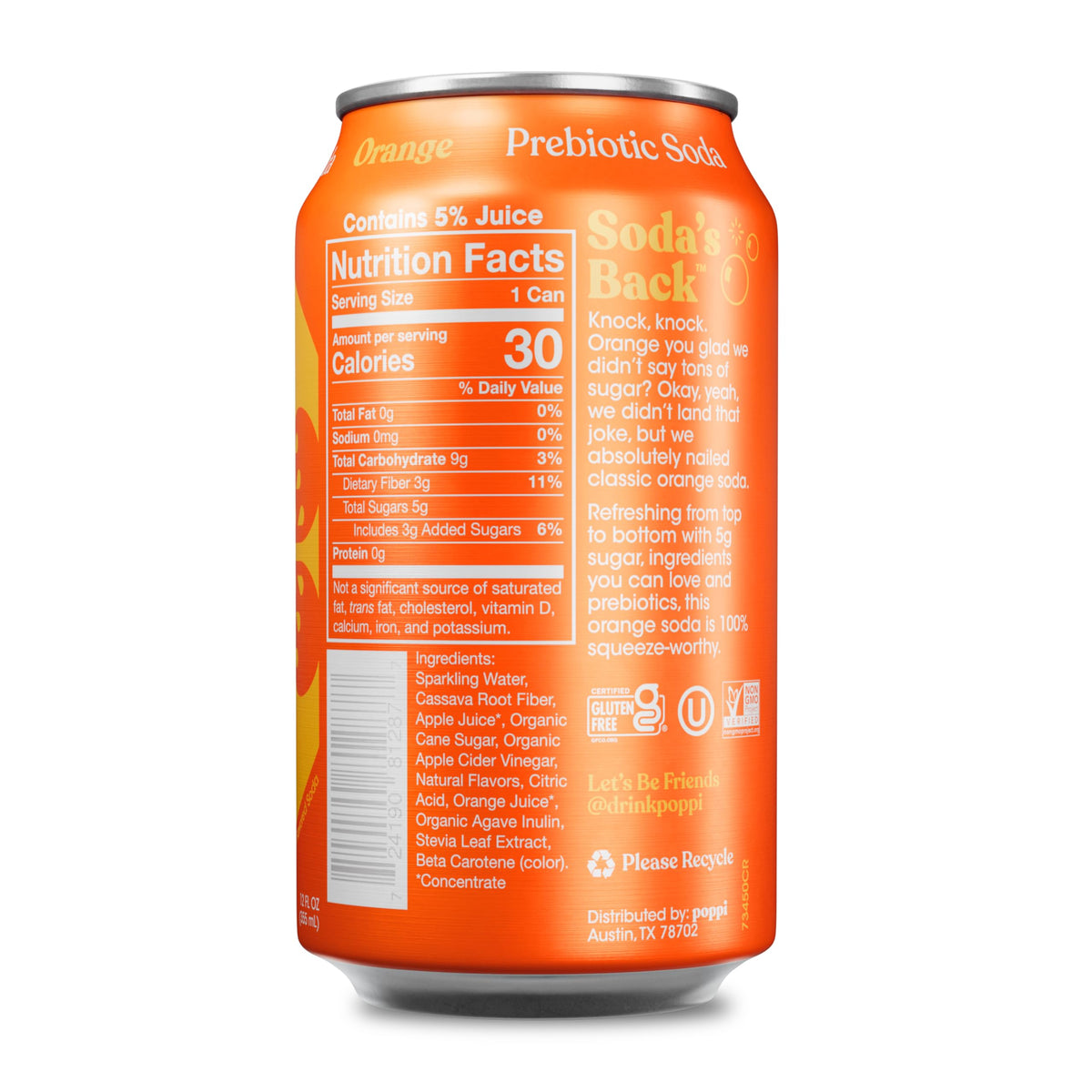 Pouring Poppi orange sparkling prebiotic soda into a tall glass for a refreshing citrus moment.