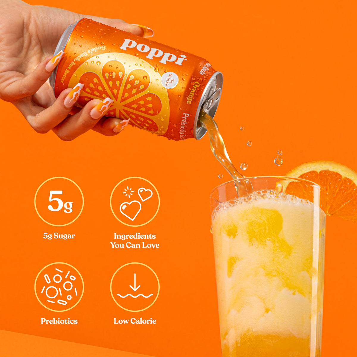 Close-up of Poppi label showing orange flavor and natural ingredients.
