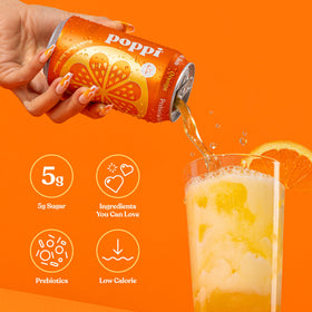 Close-up of Poppi label showing orange flavor and natural ingredients.