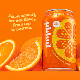 Multi-pack of Poppi orange sparkling prebiotic soda ready for sharing.
