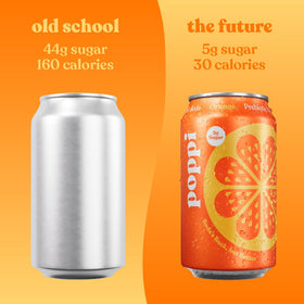 Refreshing splash of Poppi orange soda over ice for a cooling break.