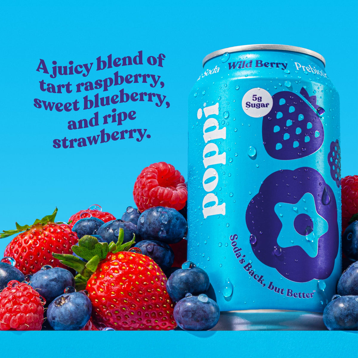 Poppi prebiotic soda label highlights ingredients and real fruit juice.