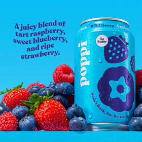 Poppi prebiotic soda label highlights ingredients and real fruit juice.
