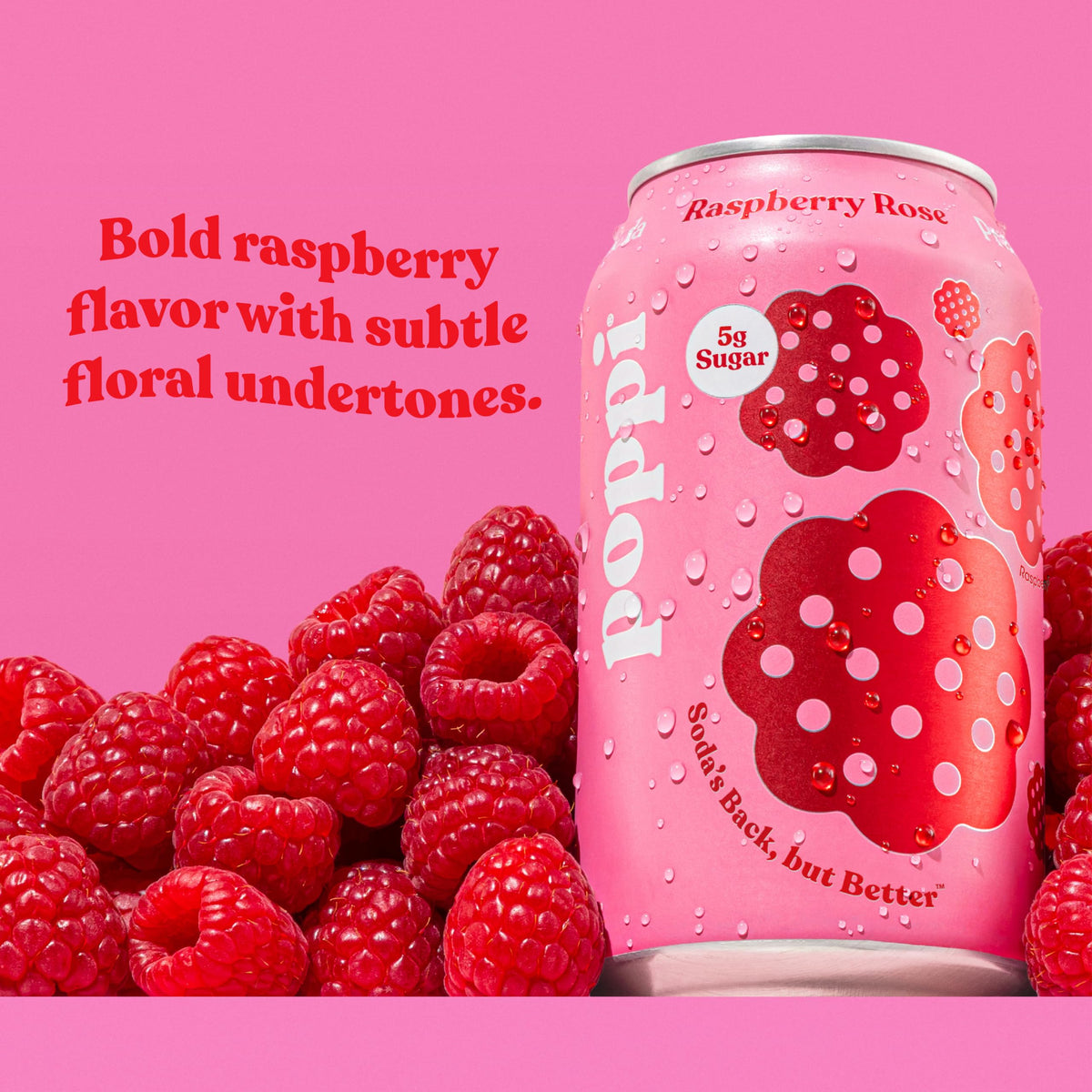 Poppi Raspberry Rose bottle poured into a glass to reveal fizz and aroma