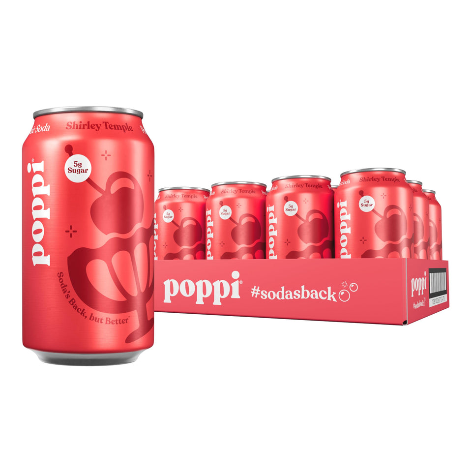 Poppi Shirley Temple sparkling bottle—refreshing prebiotic soda with natural apple cider vinegar.