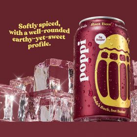 Poppi Sparkling soda in glass over ice emphasizes flavor and fizz.