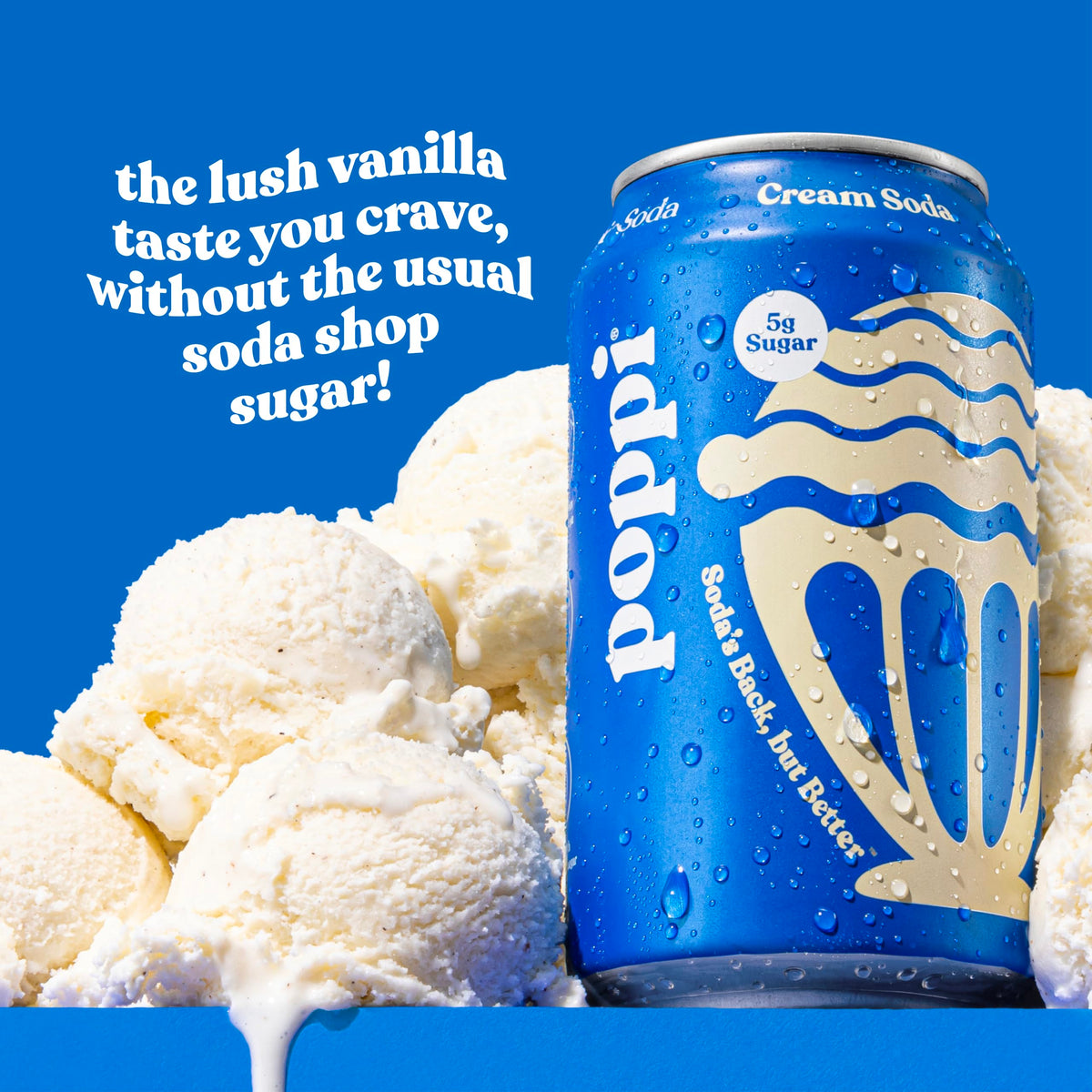 Poppi Sparkling prebiotic pour into glass, ideal with ice.