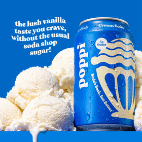 Poppi Sparkling prebiotic pour into glass, ideal with ice.