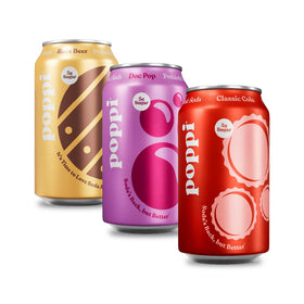 POPPI sparkling prebiotic soda bottle pouring, highlighting agave inulin and cassava fiber for prebiotic support.